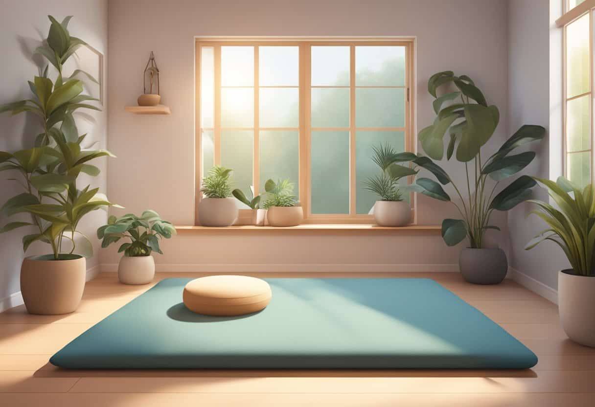 A serene yoga room with soft lighting, plants, and a cozy meditation cushion, evoking a sense of contentment and inner peace