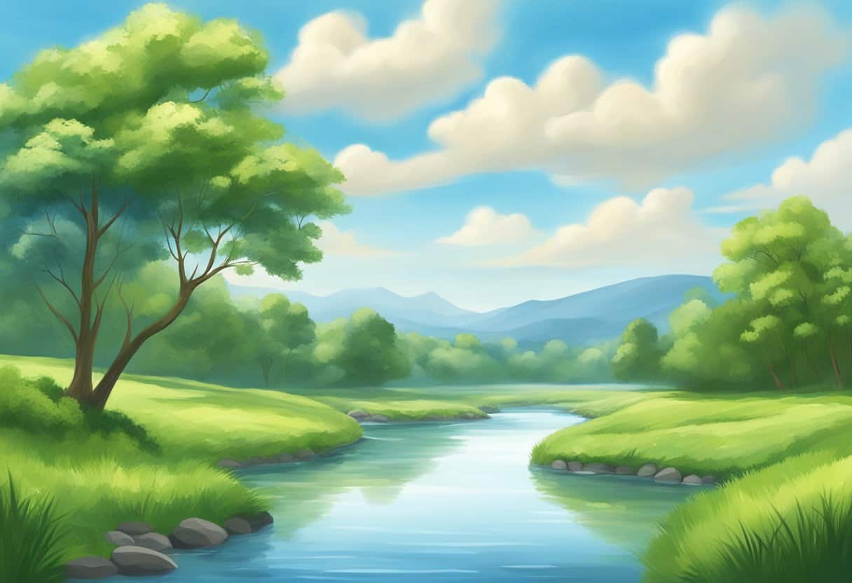 A serene landscape with a tranquil river flowing through lush greenery, under a clear blue sky with gentle clouds