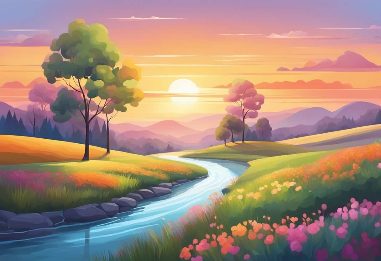 A serene landscape with vibrant colors and flowing lines evoking a sense of peace and contentment. A tranquil setting with elements of nature and a feeling of harmony