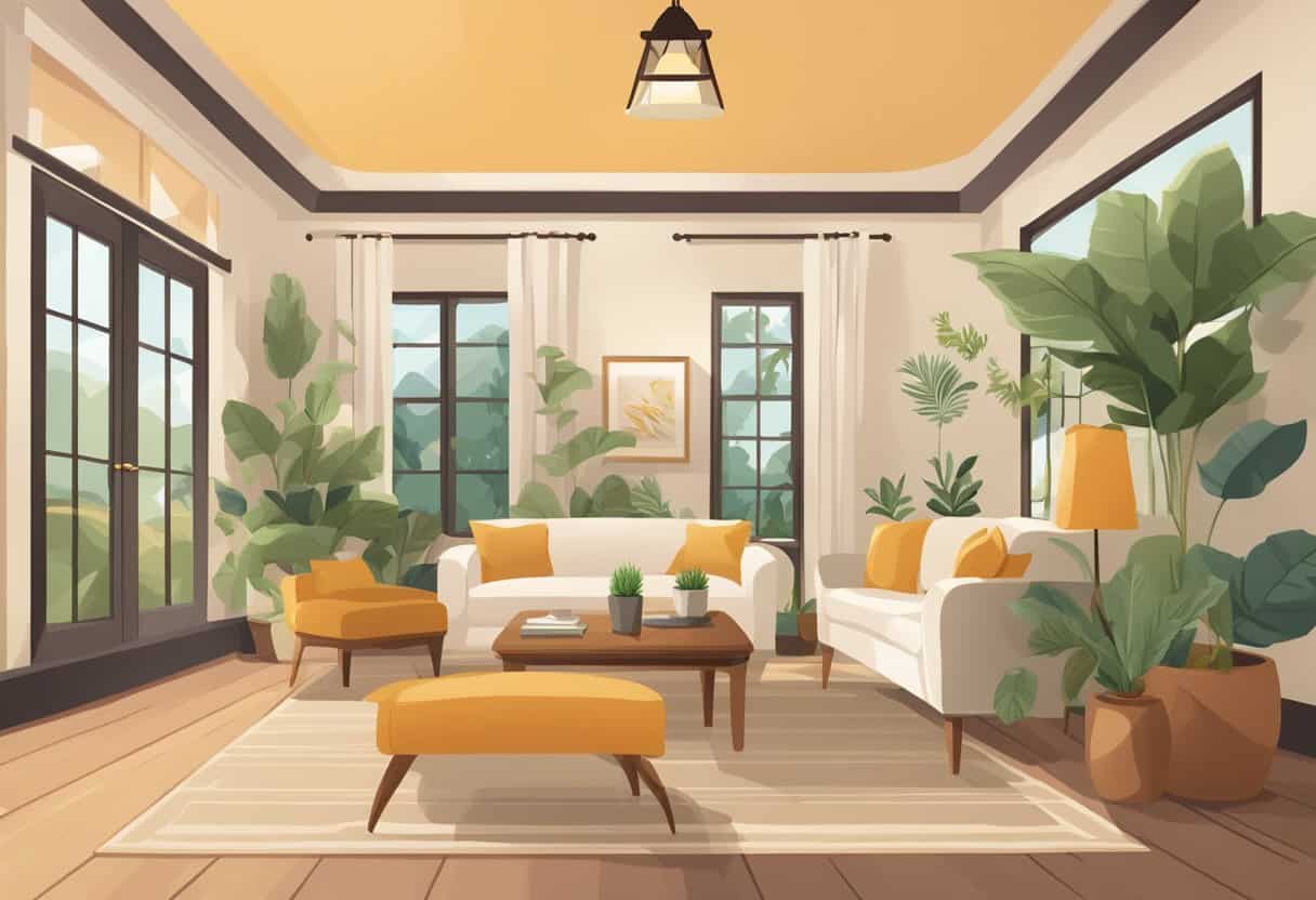 A serene room with a sign reading "Frequently Asked Questions santosha" surrounded by peaceful decor and a warm, inviting atmosphere