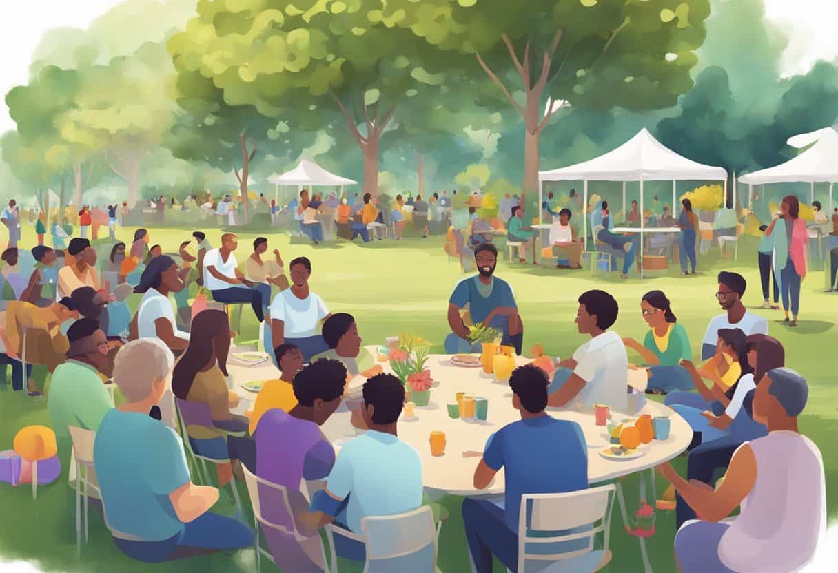 A peaceful community gathering in a park, with people engaged in conversations and activities, surrounded by nature and colorful decorations