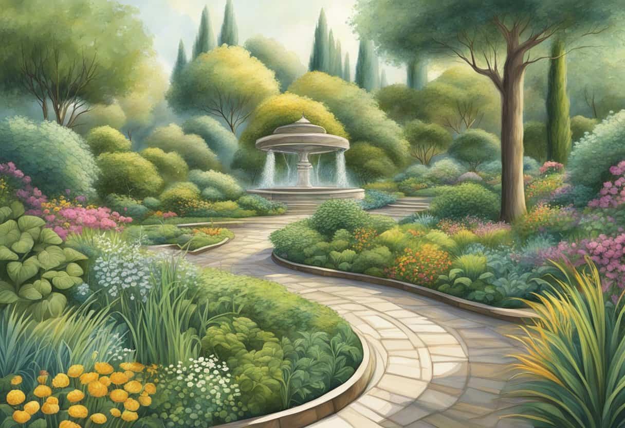 A tranquil garden with swirling patterns of nature and energy, representing the Fundamentos de los Vrittis vrittis