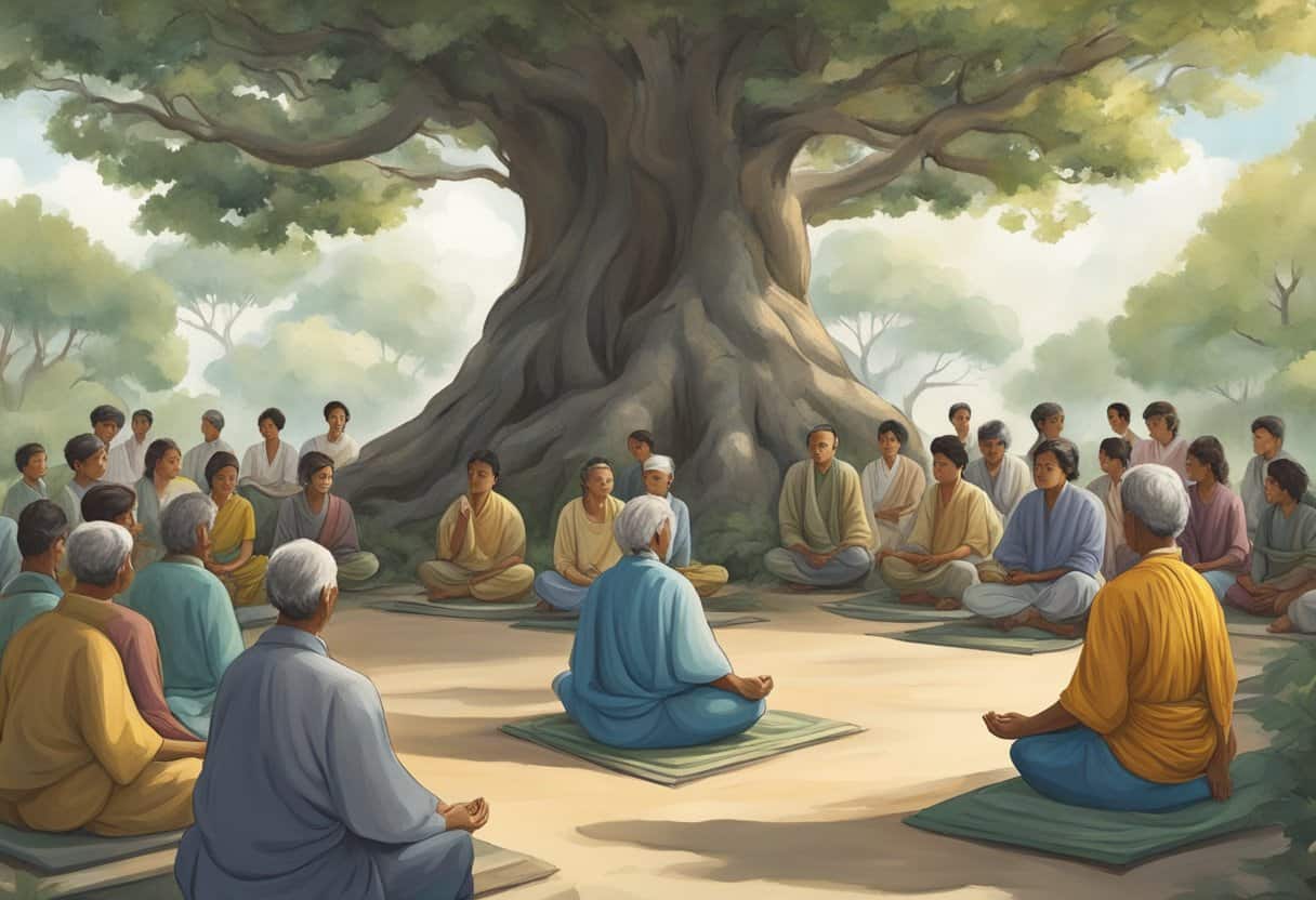 A serene figure meditates under a Bodhi tree, surrounded by curious onlookers seeking answers