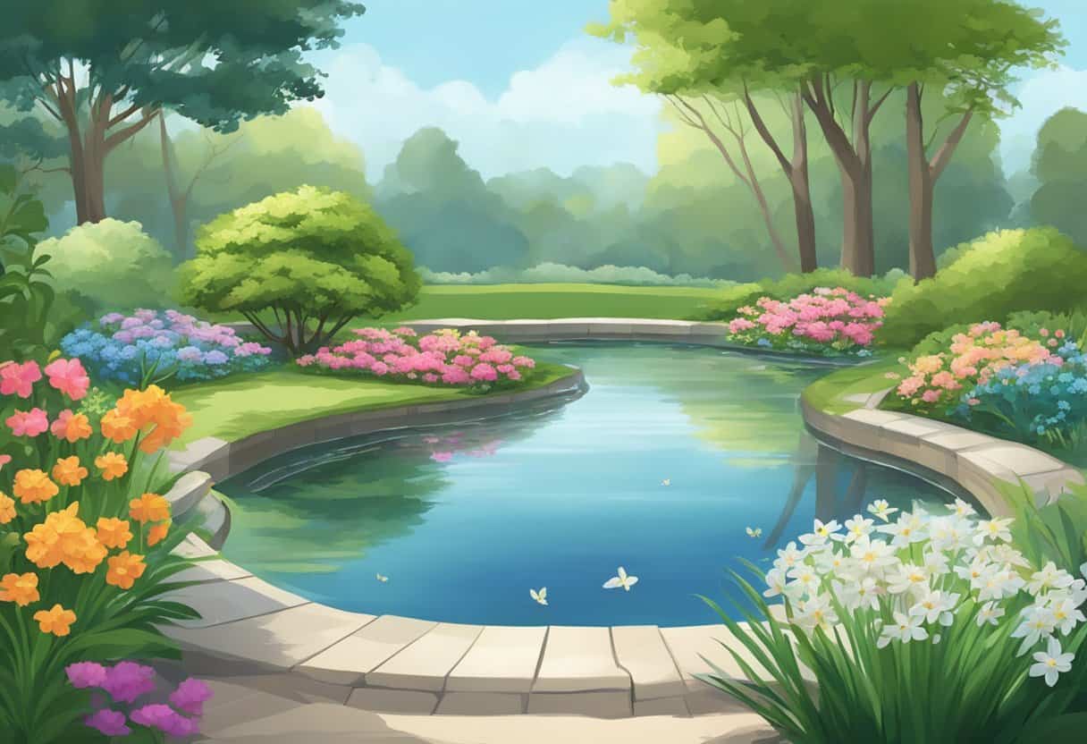 A peaceful garden with blooming flowers, a tranquil pond, and a gentle breeze