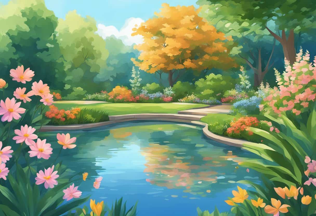 A lush garden with blooming flowers and vibrant greenery, a peaceful pond reflecting the clear blue sky, and a gentle breeze rustling the leaves