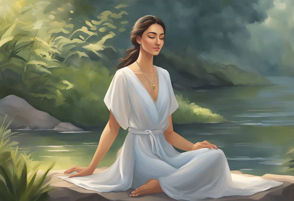 Asteya, a serene figure, radiates integrity and self-awareness in a tranquil setting