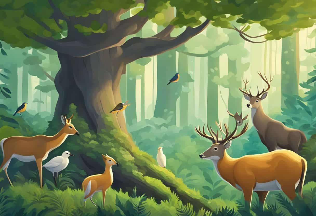 A serene forest with animals peacefully coexisting, birds nesting in trees, and a sense of harmony and respect for all living beings