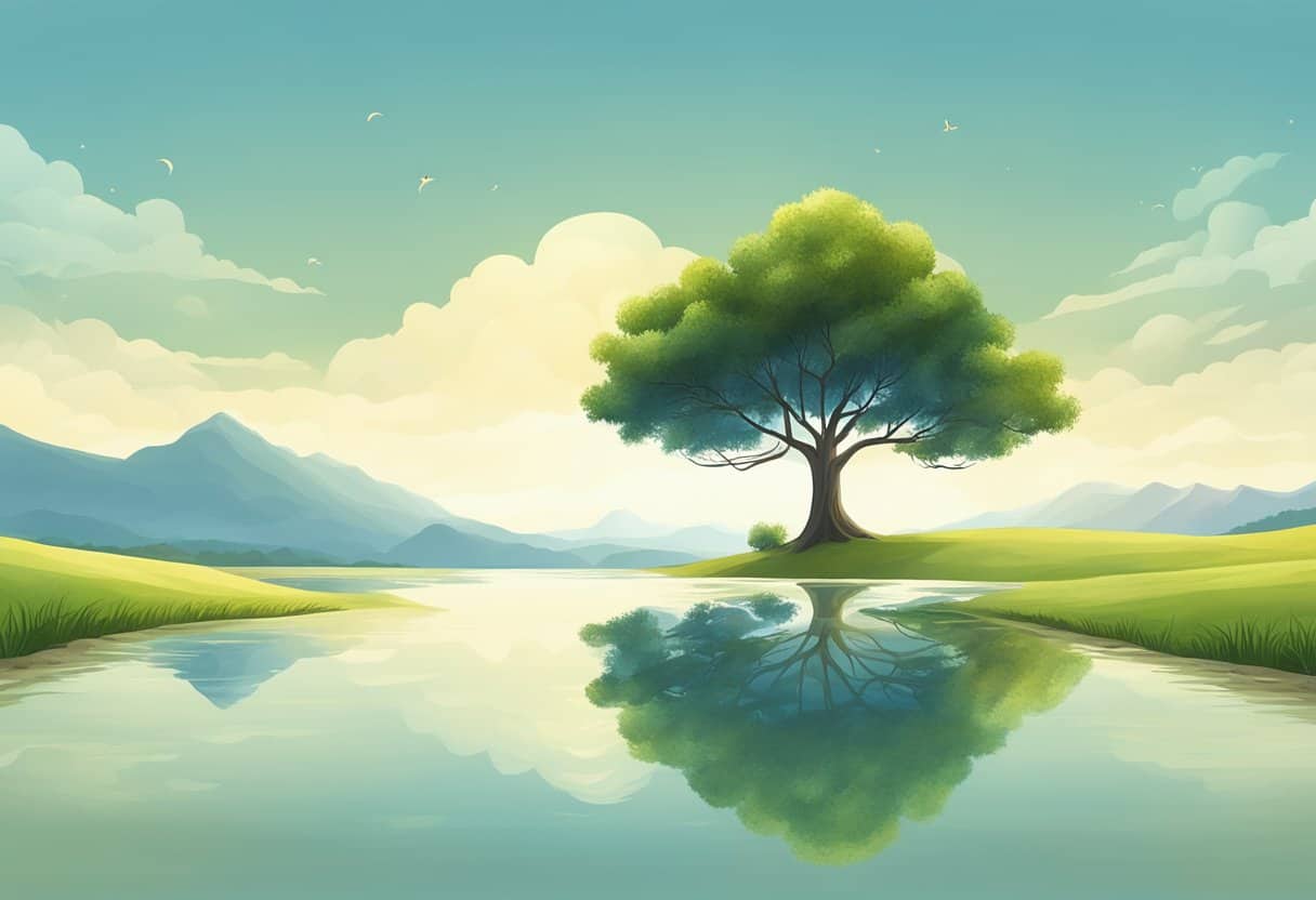 A serene landscape with a single tree, surrounded by open space and a clear sky, symbolizing aparigraha