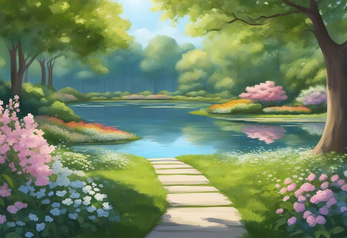 A serene garden with blooming flowers and a tranquil pond, surrounded by tall trees and a clear blue sky