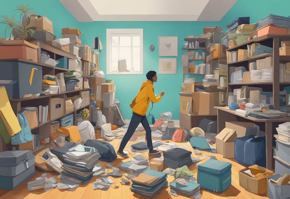 A cluttered room with objects piled high and a person walking away, leaving behind possessions