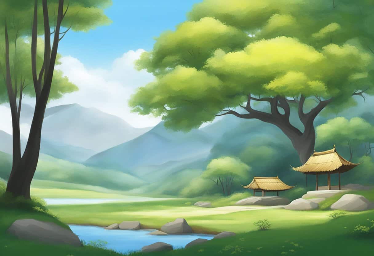 A serene landscape with minimalistic elements and no signs of material possessions, representing the practice of Aparigraha and the Yamas