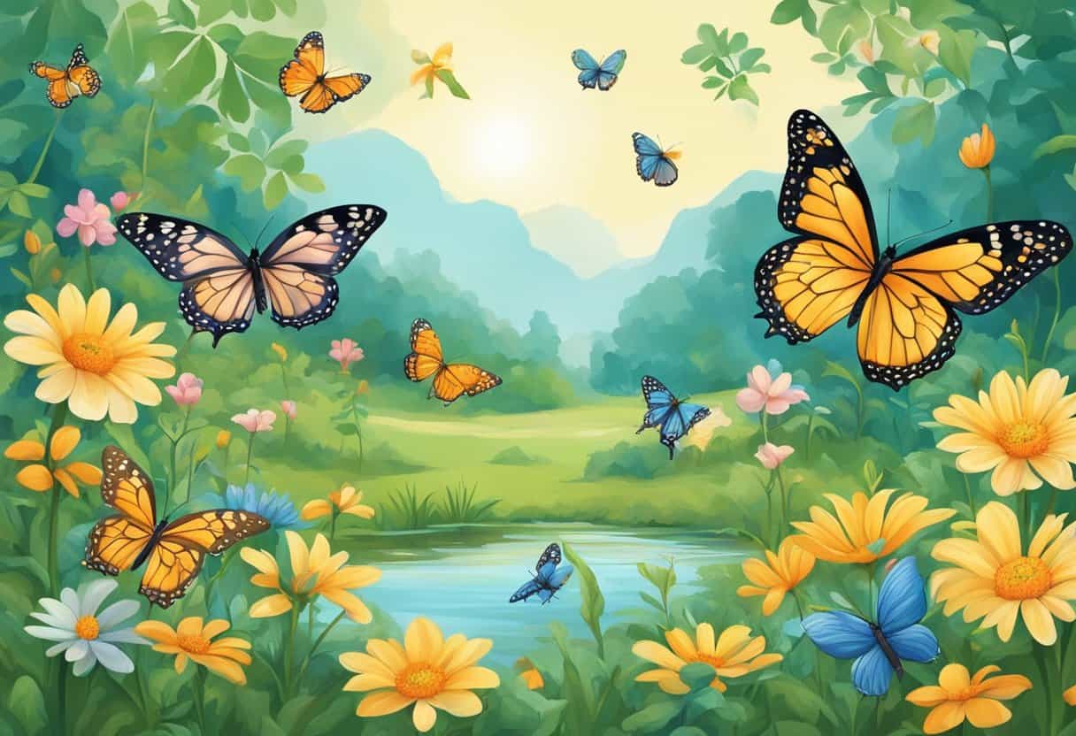 A tranquil garden with blooming flowers and fluttering butterflies, surrounded by peaceful animals coexisting harmoniously