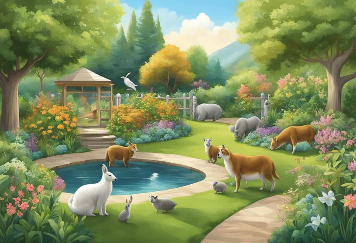 A peaceful garden with animals coexisting harmoniously