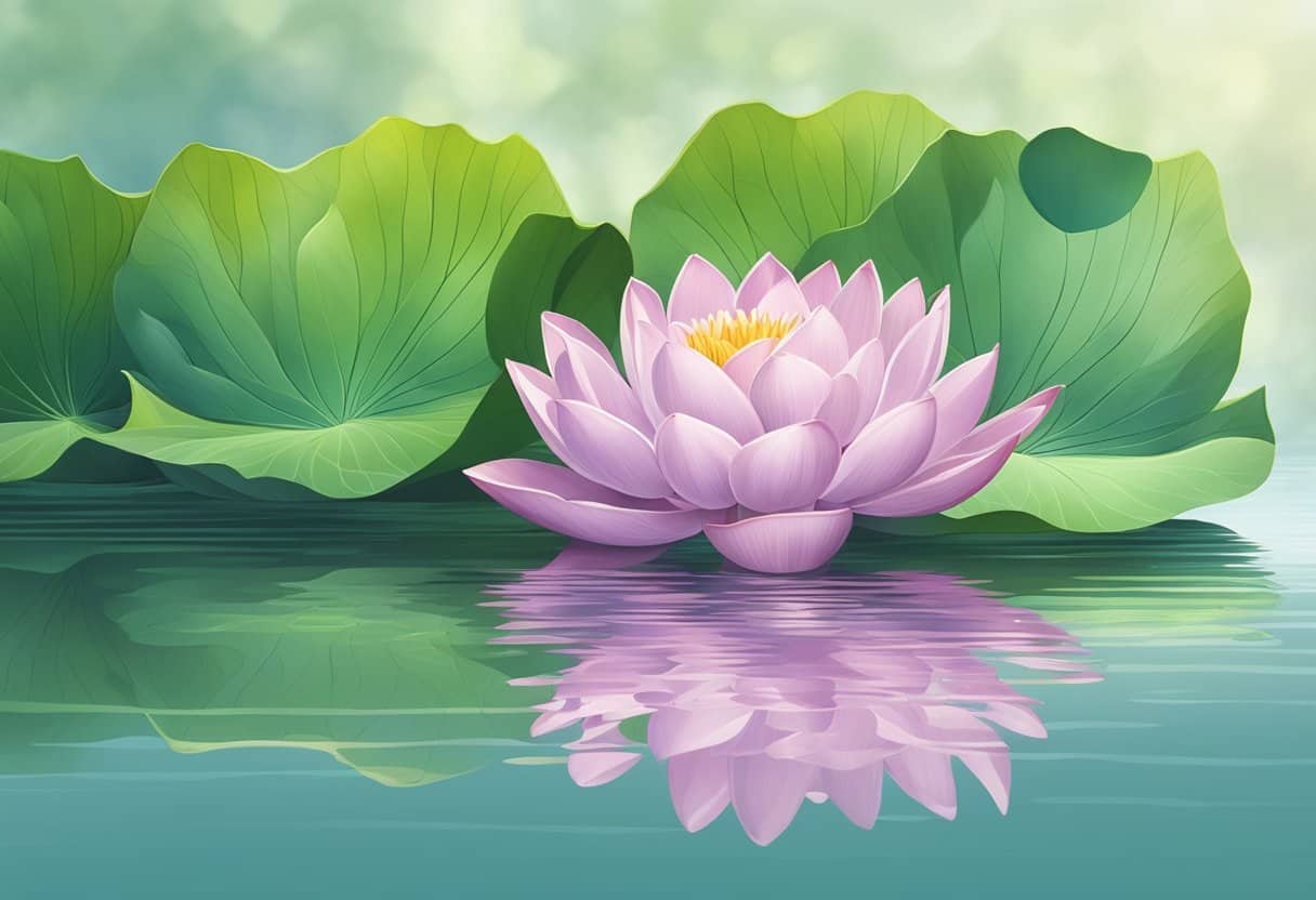 A serene lotus flower floating on calm water, surrounded by gentle ripples and lush greenery