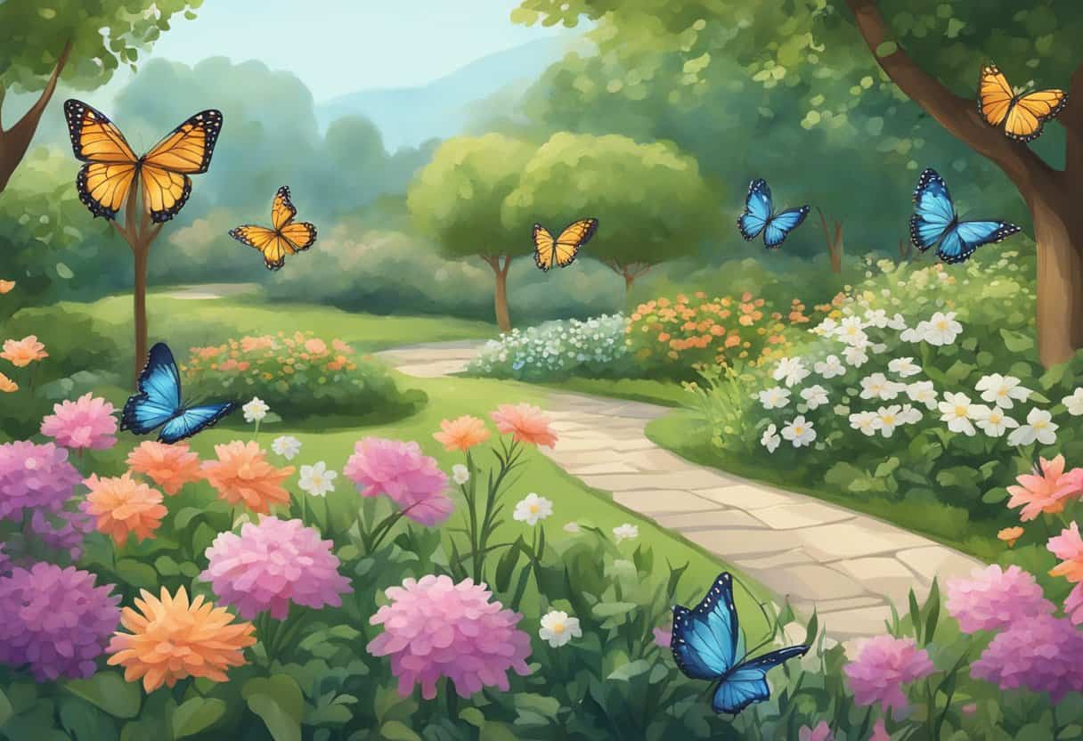 A peaceful garden with blooming flowers, fluttering butterflies, and a gentle breeze