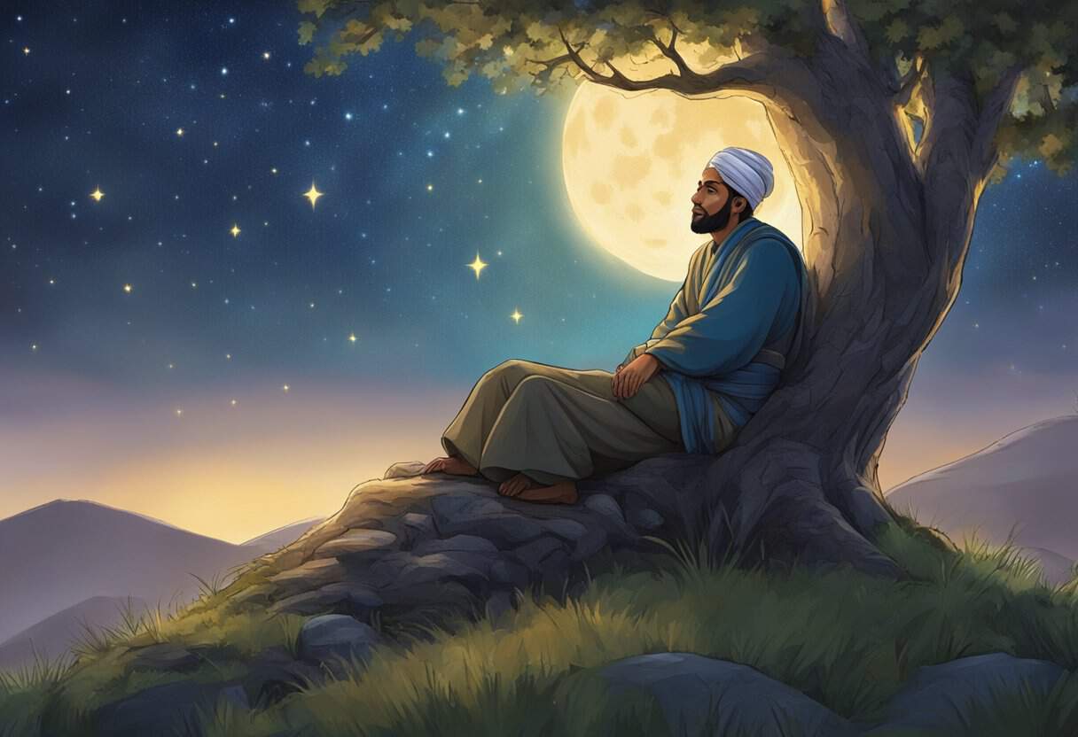Nasrudin sits under a tree, gazing at the stars, with a mischievous twinkle in his eye