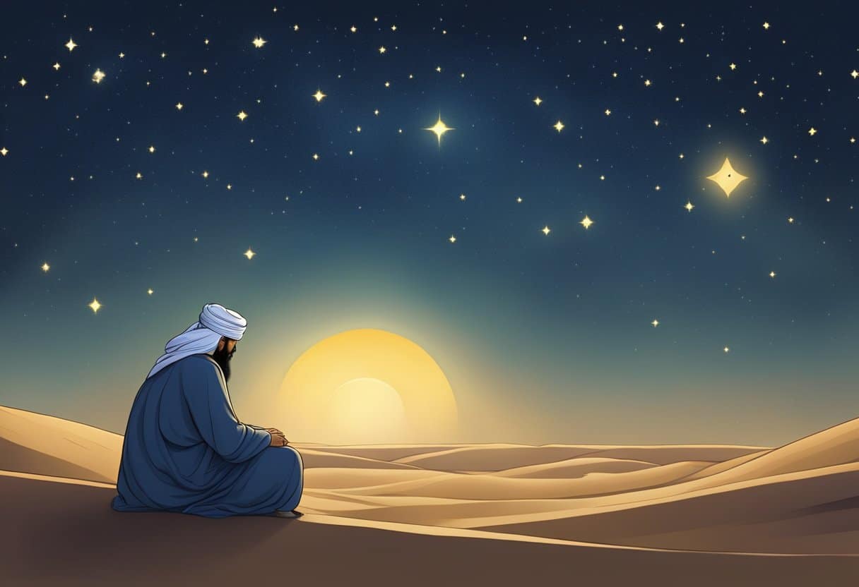 Nasrudin's character and Sufi wisdom portrayed in a serene desert setting with a lone figure contemplating under a starry night sky