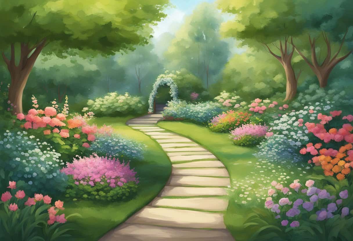 A serene path winds through a tranquil garden, leading to a peaceful meditation space surrounded by lush greenery and blooming flowers