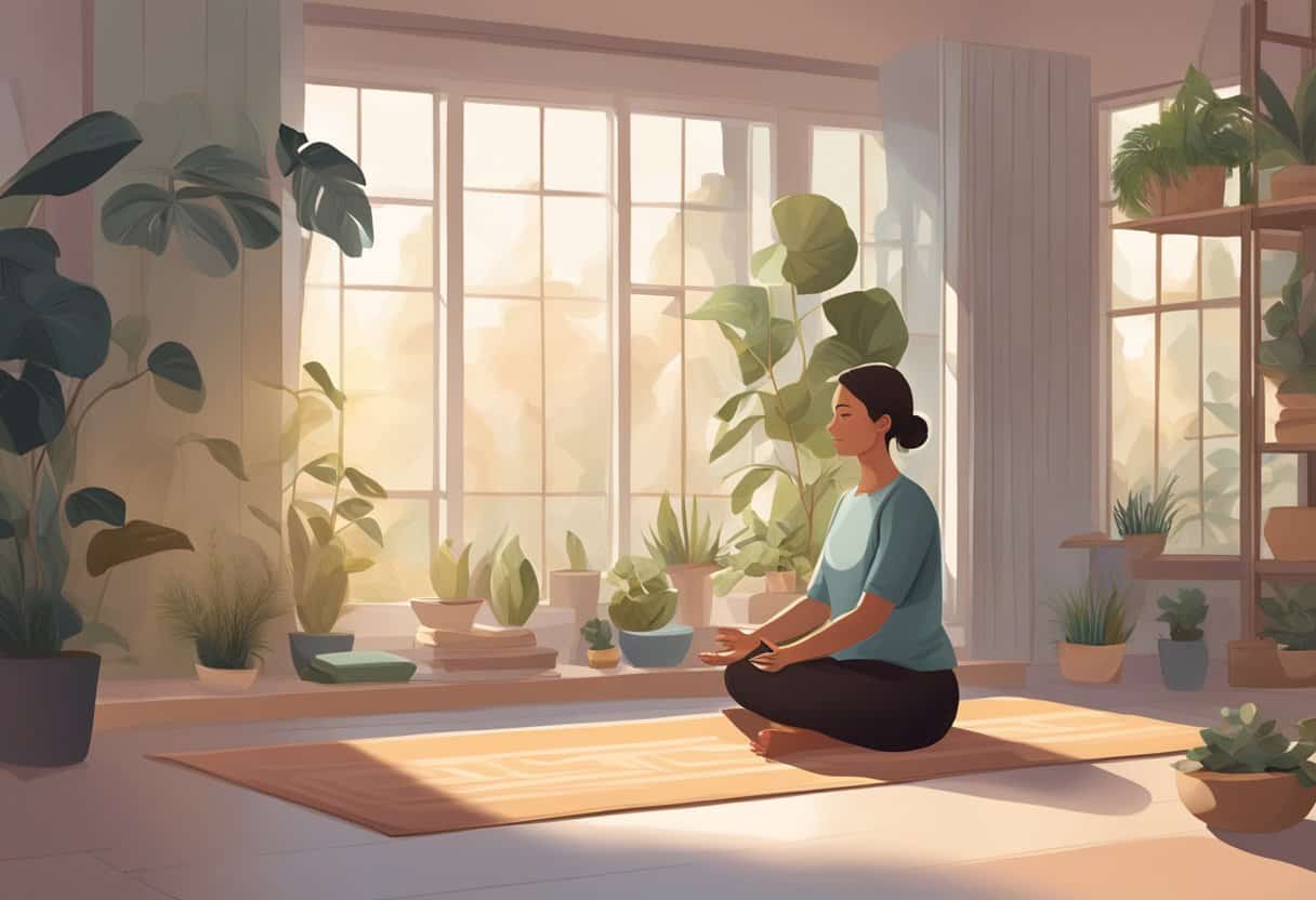 A serene yoga studio with a person in a seated position, surrounded by calming decor and soft lighting
