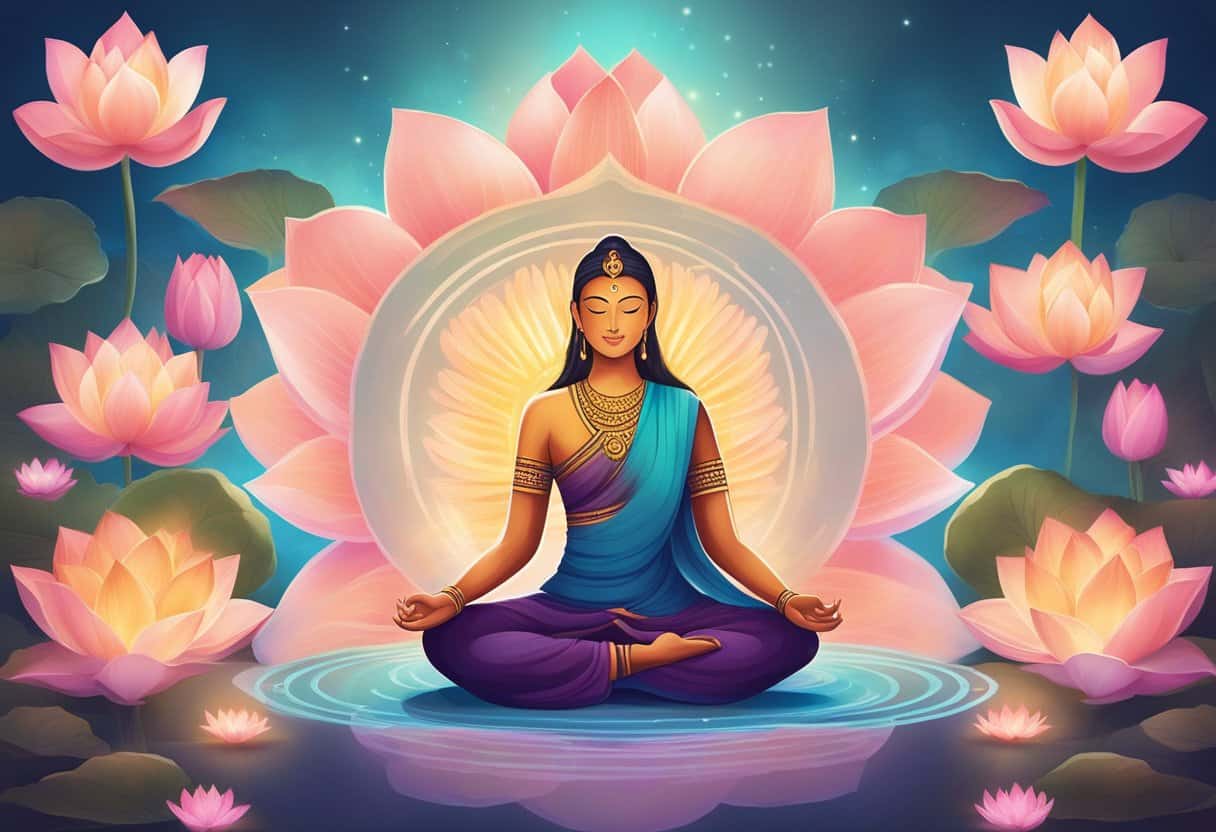 A serene figure sits in lotus position, surrounded by blooming lotus flowers and a glowing aura, symbolizing the spiritual greeting of "namaste."