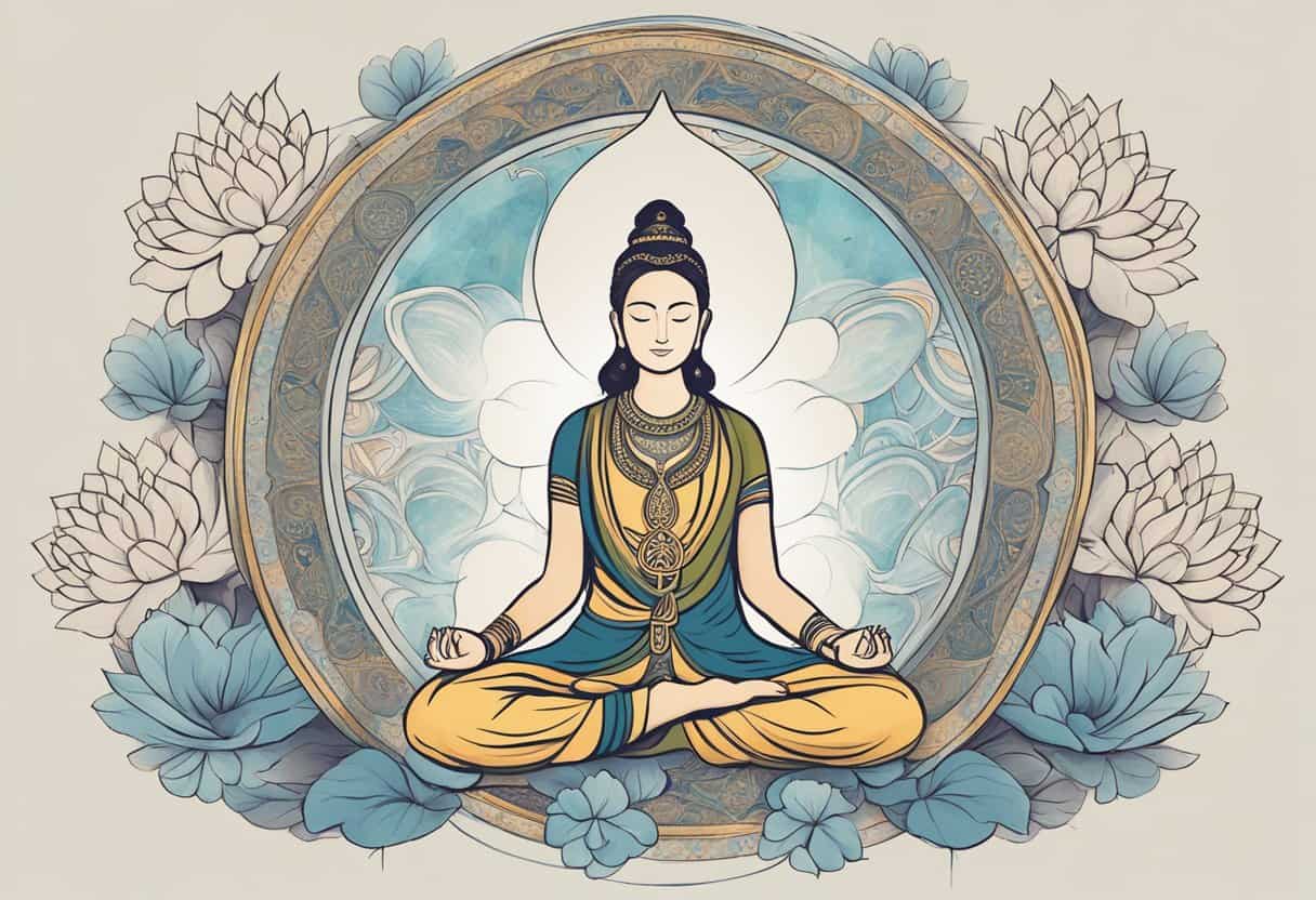 A serene figure sits in lotus position, surrounded by symbols of peace and spirituality, with the word "namaste" written in elegant script