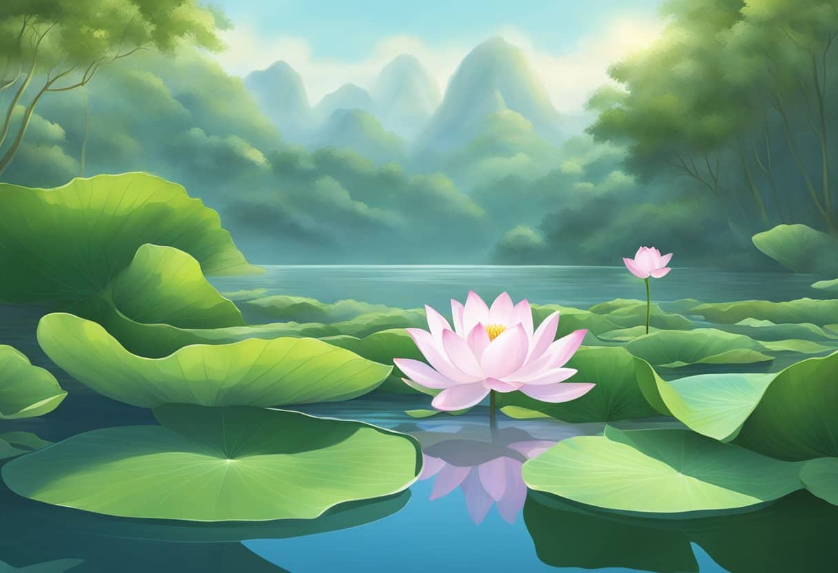 A serene landscape with a lotus flower floating on a calm body of water, surrounded by lush greenery and a gentle breeze