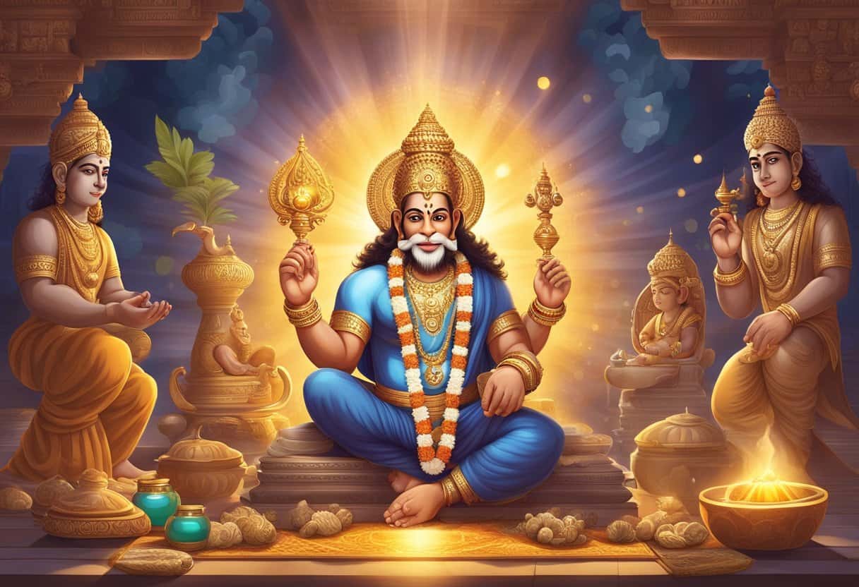 Hanuman is kneeling in front of a sacred altar, surrounded by offerings and symbolic objects. Rays of light shine down on him, creating a sense of divine presence