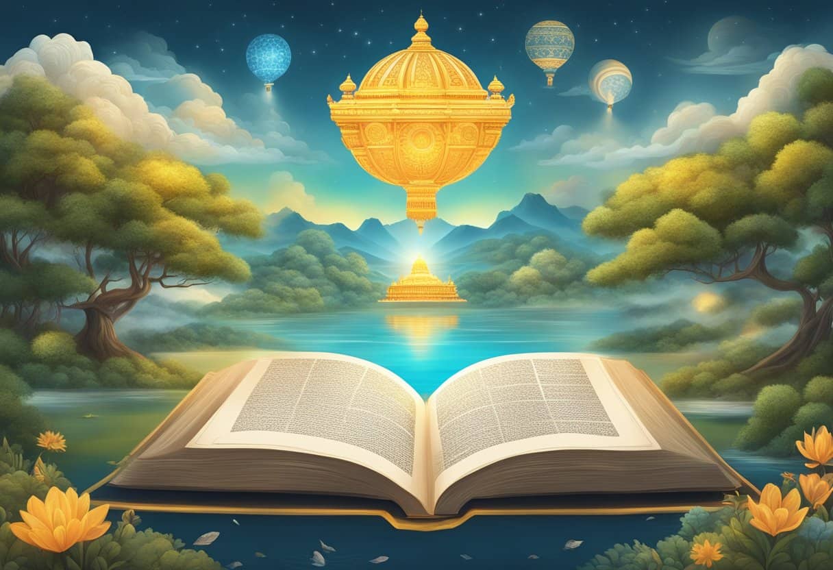 A serene landscape with a glowing copy of the Bhagavad Gita floating in the air, surrounded by symbols of modern influence and relevance