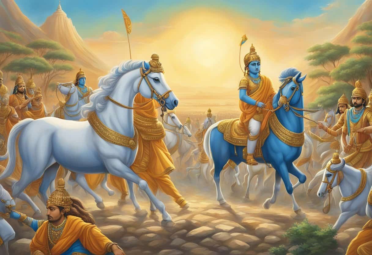 The main characters of Bhagavad Gita are depicted in a serene setting, with a battlefield in the background. The theme of inner conflict and moral dilemmas is conveyed through the expressions of the characters