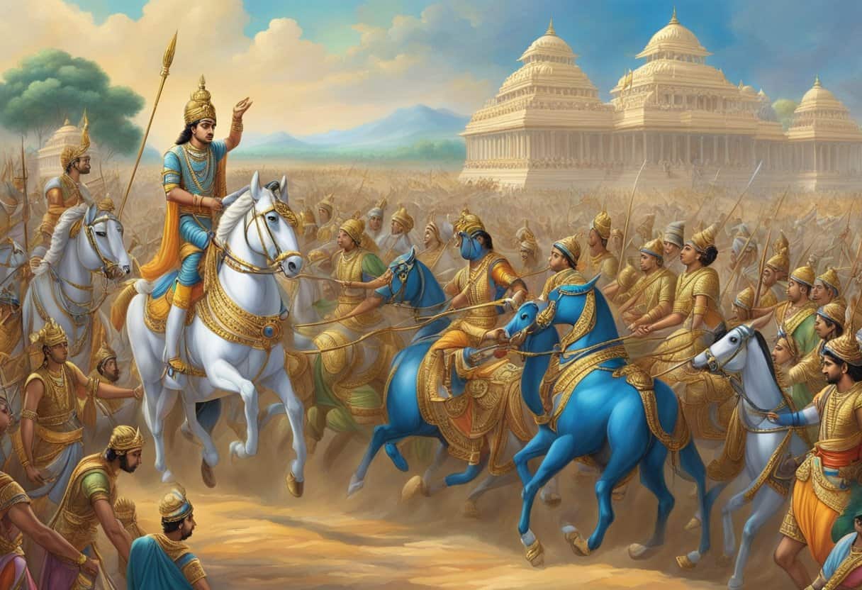 The Bhagavad Gita: Krishna imparts wisdom to Arjuna on the battlefield, surrounded by chariots and soldiers