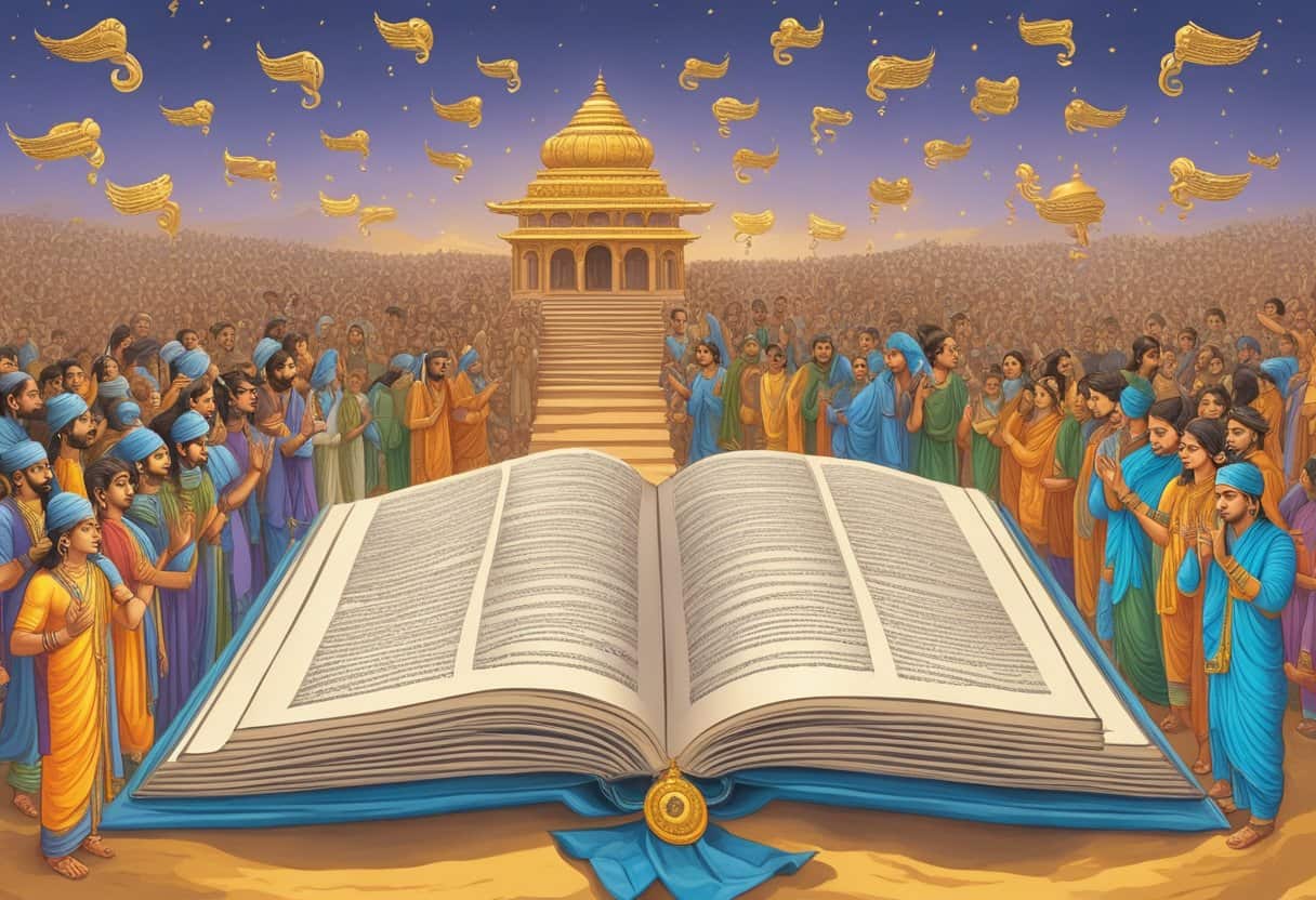 The Bhagavad Gita book surrounded by question marks and people seeking answers