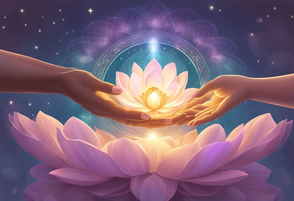 Two hands forming healing mudras above a glowing lotus flower
