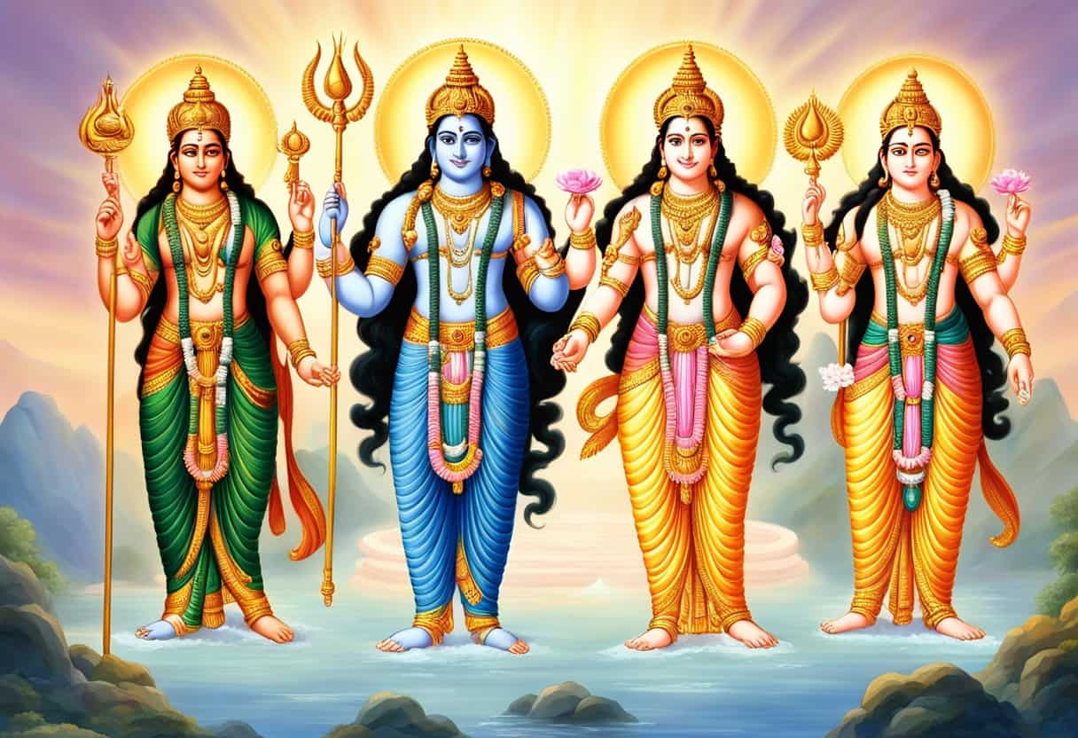 Vishnu, Brahma, and Shiva stand together, surrounded by a halo of light. Each deity is distinct, with Vishnu holding a conch and discus, Brahma with four heads, and Shiva with a trident