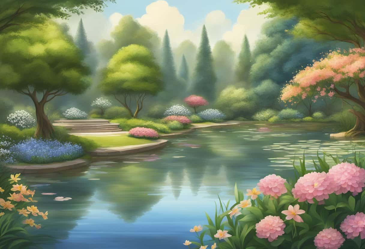 A serene garden with blooming flowers and a peaceful pond, surrounded by gentle, flowing streams and tall, ancient trees