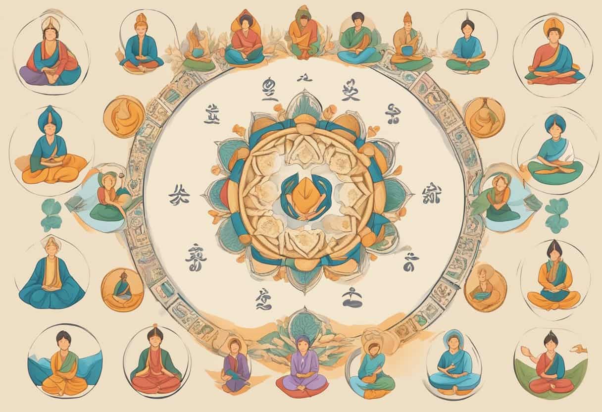 A collection of healing mudras arranged in a circular pattern, with symbols and instructions displayed prominently