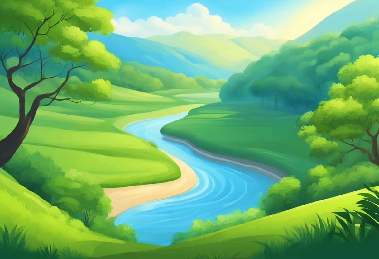 A serene landscape with a winding river, lush greenery, and a bright blue sky. A sense of calm and tranquility permeates the scene