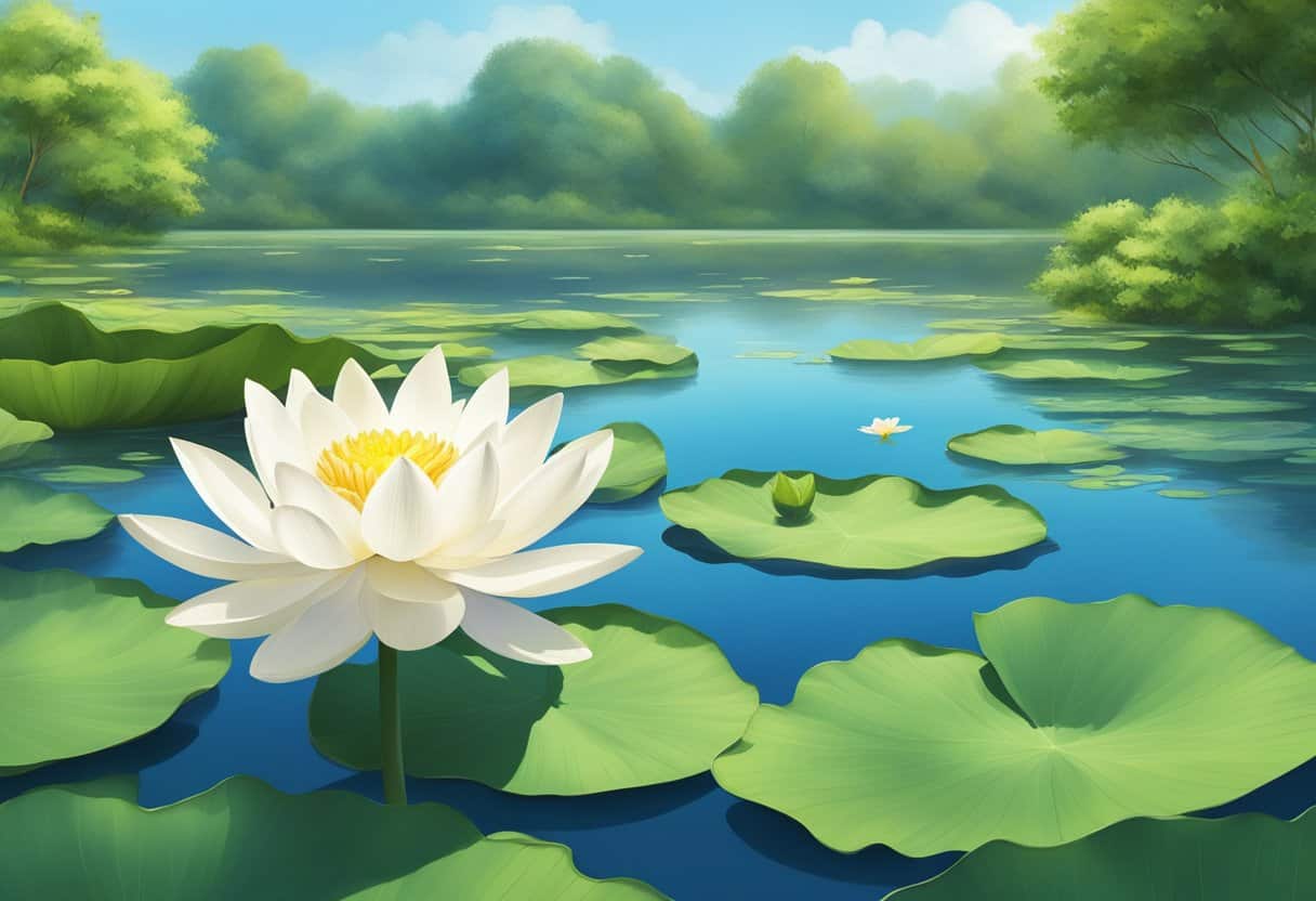 A serene landscape with a lotus flower floating in a tranquil pond, surrounded by lush greenery and a clear blue sky