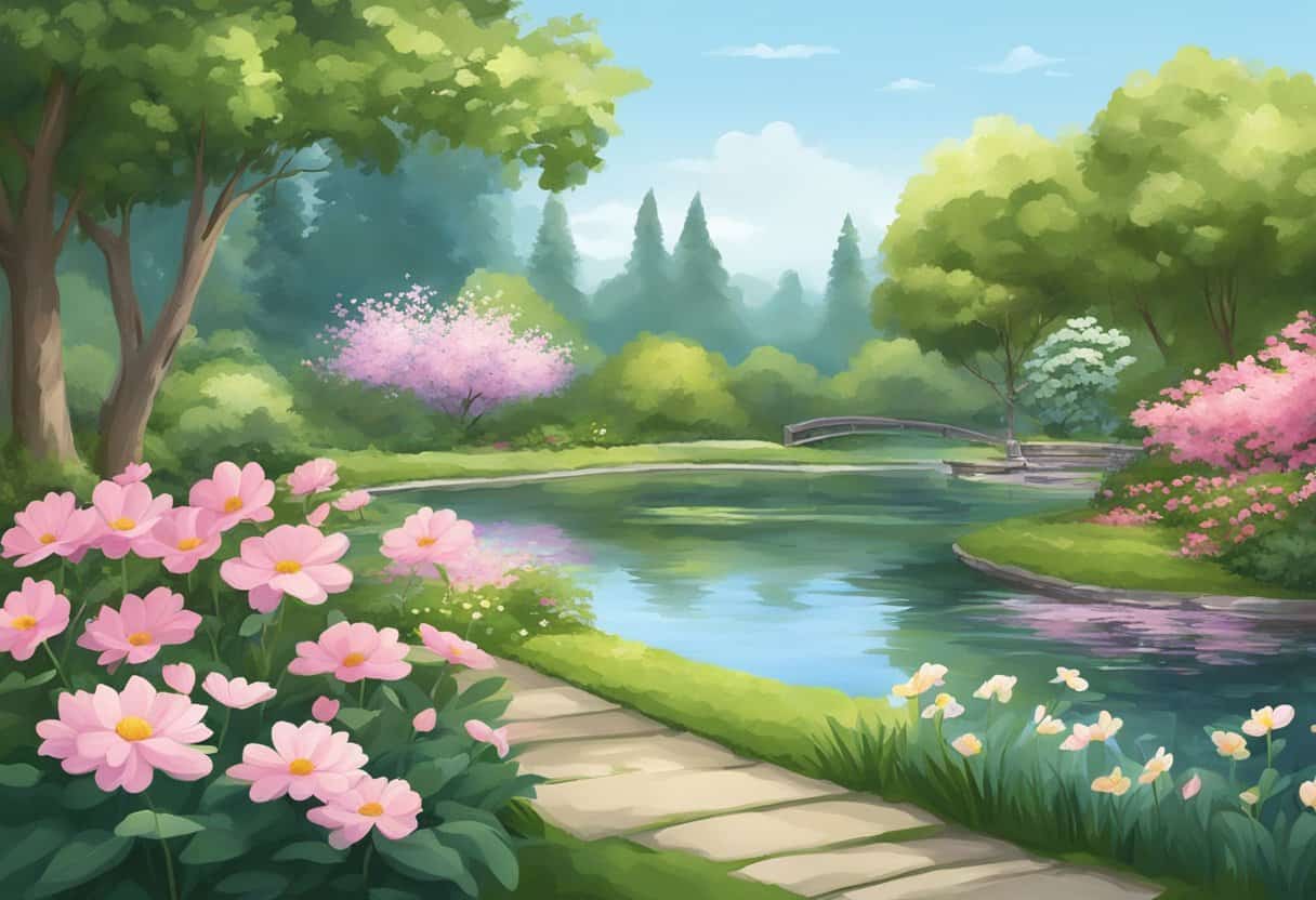 A serene garden with blooming flowers, a gentle breeze, and a tranquil pond