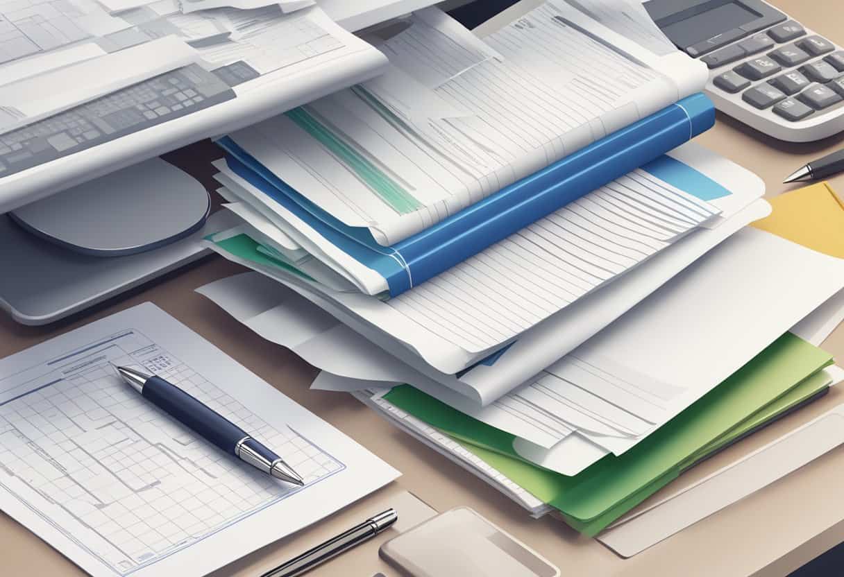 A stack of papers with "Frequently Asked Questions" printed on top, surrounded by a computer, phone, and pen