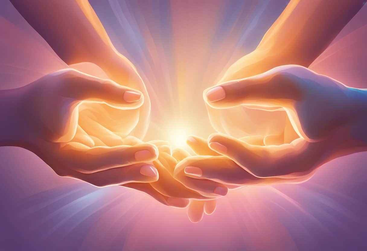 Two hands forming mudras, surrounded by soft, glowing light