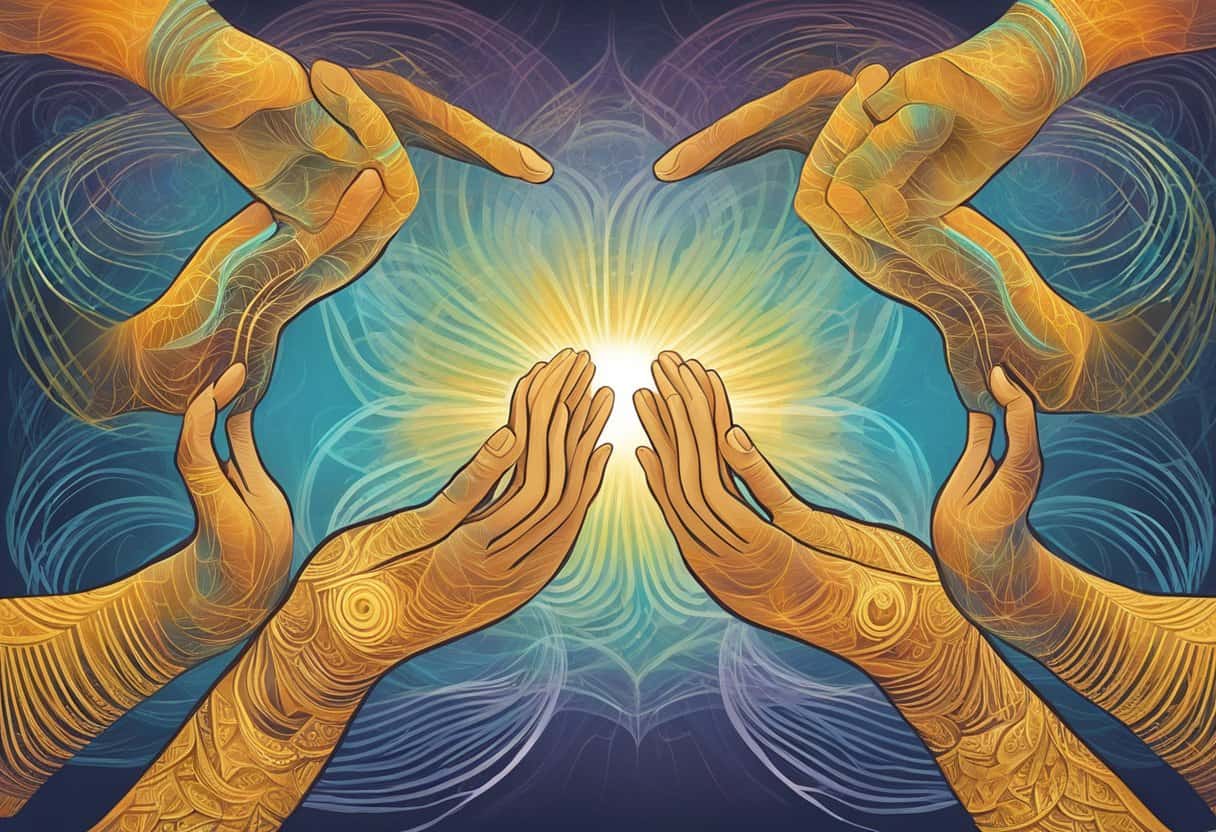 Hands forming mudras, radiating energy and balance. Symbolic gestures convey healing and wellness. Vibrant colors and flowing lines bring harmony to the composition