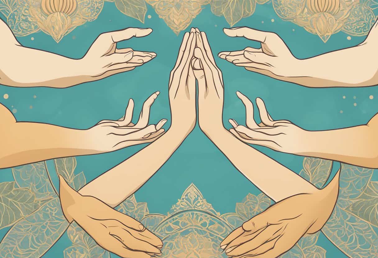 Hands forming mudras in a serene yoga and meditation setting