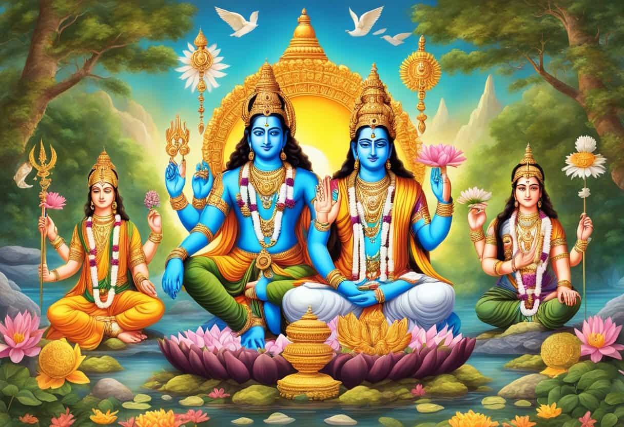Three Hindu deities, Vishnu, Brahma, and Shiva, surrounded by sacred symbols and offerings in a divine setting