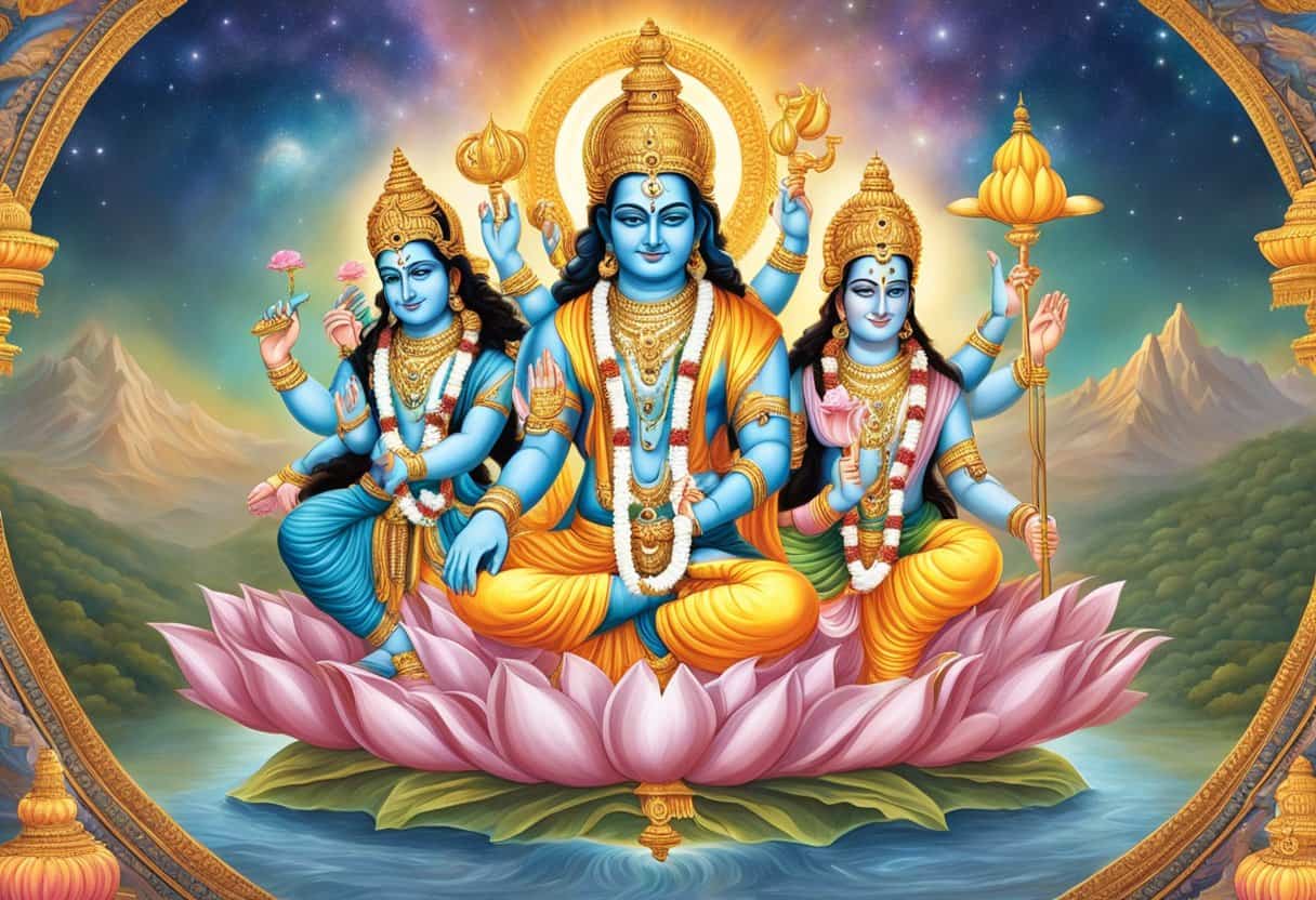 The Trimurti: Vishnu, Brahma, and Shiva, representing creation, preservation, and destruction, depicted in a cosmic dance of balance and harmony