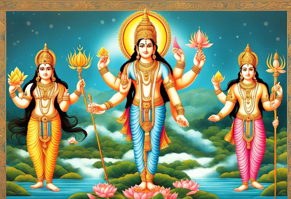 Vishnu, Brahma, and Shiva stand tall, radiating power and grace. Vishnu holds a conch and discus, Brahma carries a lotus, and Shiva wields a trident. The three deities are