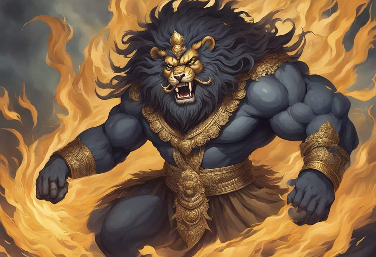 Narasimha, the lion-man incarnation, fiercely tearing apart a demon
