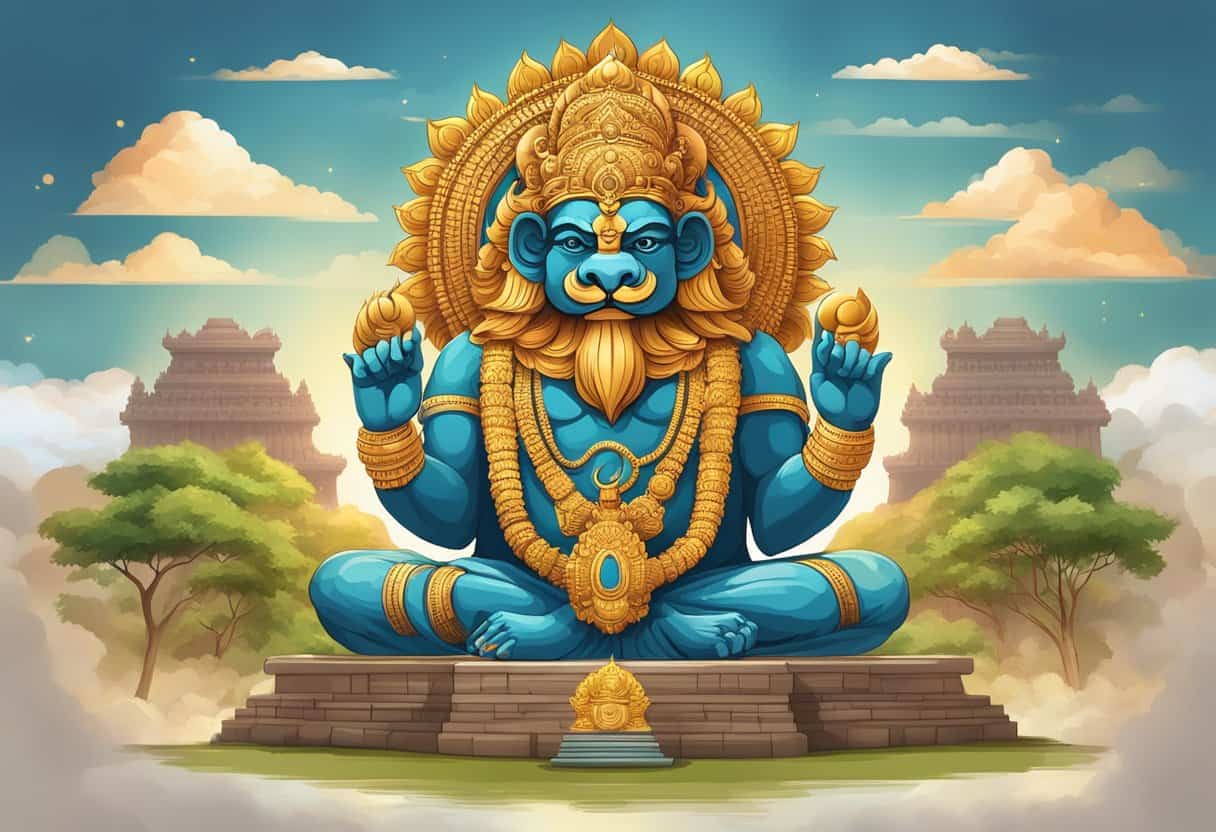 A serene landscape with a majestic Narasimha statue surrounded by philosophical symbols and teachings