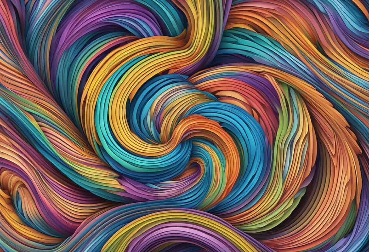 Colorful vrittis intertwine, swirling and expanding in all directions, creating a mesmerizing and dynamic pattern