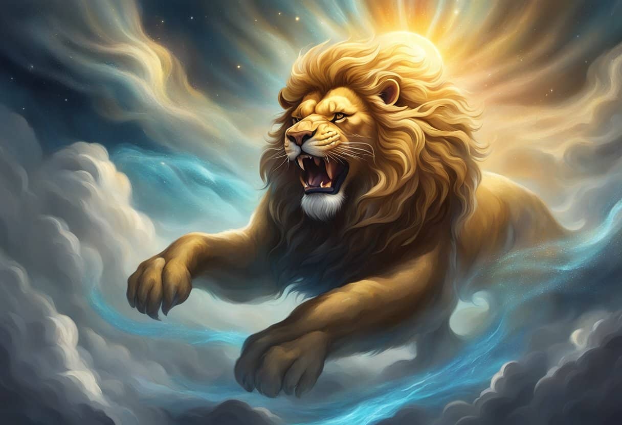 A fierce lion-like creature, Narasimha, emerges from a divine manifestation, surrounded by swirling winds and celestial light