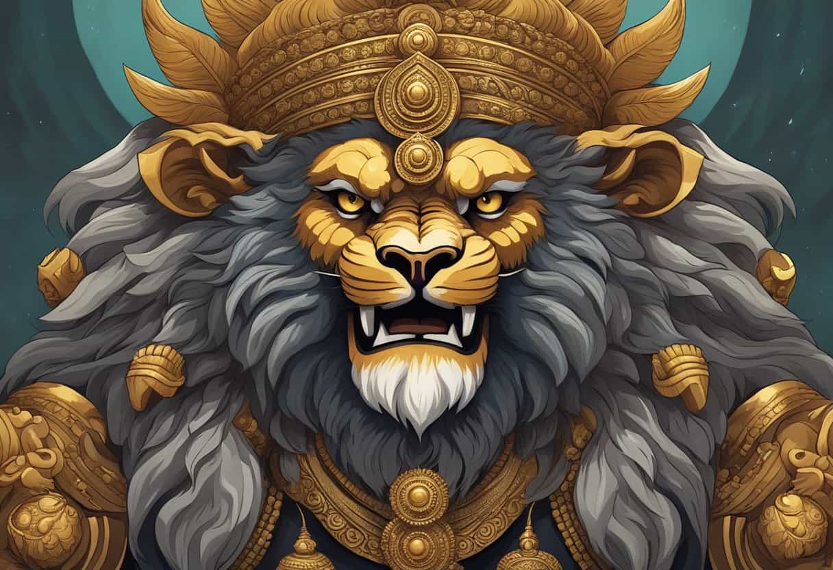 A fierce lion-headed deity, Narasimha, stands with a menacing expression, holding a weapon and surrounded by worshippers seeking answers